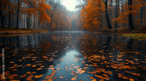 A serene lake reflects the rich, warm hues of autumnal trees, strewn with fallen leaves creating a tranquil and reflective scene