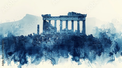 Abstract artistic interpretation of a Greek amphitheater and flag in vibrant blues and gold