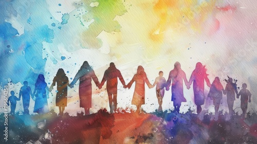 joined in faith people holding hands with jesus christ inspirational watercolor painting