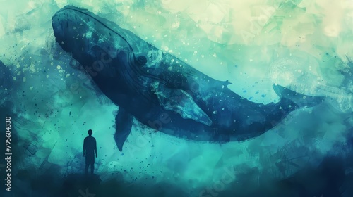 jonah and the whale silhouette of man in water near swimming whale digital watercolor painting biblical story illustration