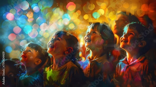 joyful audience childrens faces lit with wonder at a magical performance digital painting