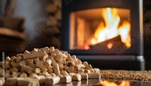  Heating with wood stove with wooden pellets in the foreground. Close-up of a stack of wood pellets and in the background a wood-burning stove