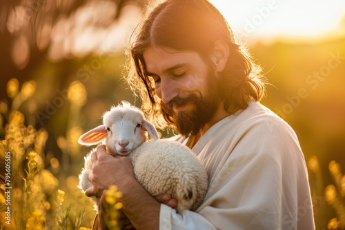 Depiction of Jesus Christ as Shepherd - Jesus Christ holding a Lamb - Blessing to Humanity - Imagination of Redemption and Faith. Beautiful simple AI generated image in 4K, unique.