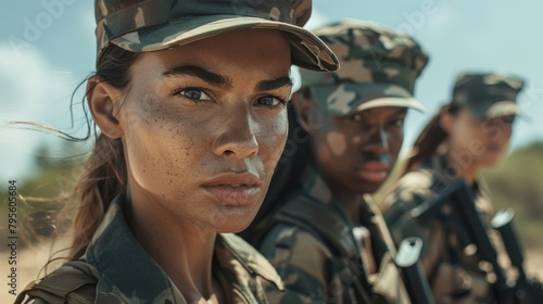 Determined Female Soldier Leading Diverse Military Unit Outdoors. Generative ai