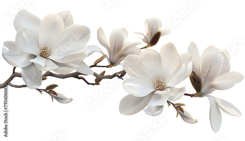  White roses on a tree branch on white background