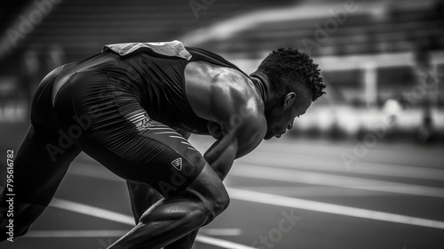 A sprinter crouches in the starting blocks, spikes digging into the track, back muscles tense with readiness. The view accentuates the streamlined posture, hinting at the explosive