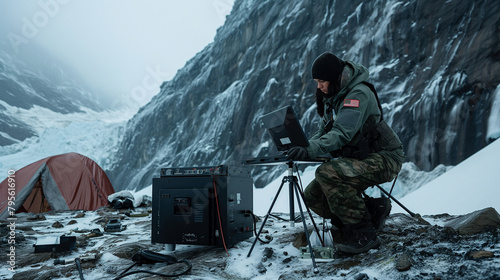 At a makeshift base in the Arctic, a female soldier wearing insulated gear sets up a Starlink terminal against a backdrop of icy cliffs and glaciers, showcasing the military's adap