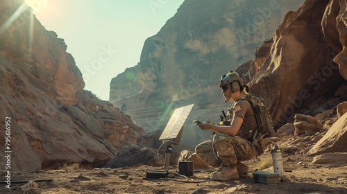 In a rugged canyon, a female army specialist aligns a Starlink antenna under the scorching sun, highlighting the intersection of technology and operational readiness in challenging
