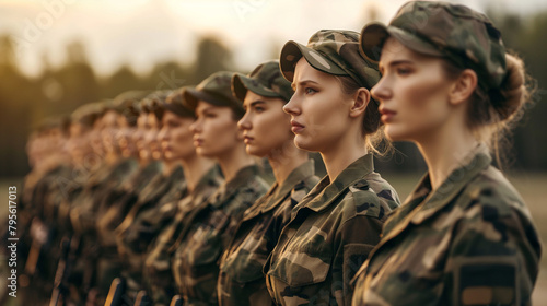 A group of disciplined female soldiers in full military uniform stands in perfect formation on a parade ground, showcasing the strength and unity of women in the armed forces.