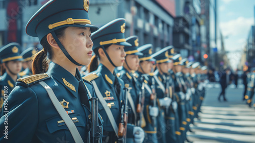 In a bustling city center, a formation of female soldiers in ceremonial dress marches with precision, showcasing the public face of women's conscription and military service.