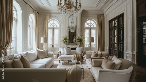 Elegant Living Room with White Sofas, Crystal Chandelier, and Classic Architecture in a Luxurious Home Interior