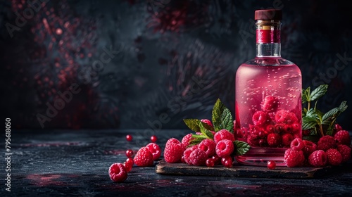  A bottle of raspberry gin sits surrounded by fresh raspberries and mint leaves on a worn wooden cutting board