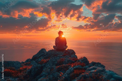 Tranquil scene of an individual meditating on a rocky mountain peak overlooking the sea against a sunset sky