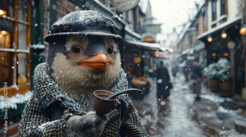  A duck in hat and coat holds a pipe on snowy street Buildings andpeople background