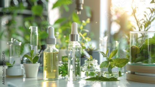 Natural beauty products research with organic plant extraction in glassware laboratory. AI generated