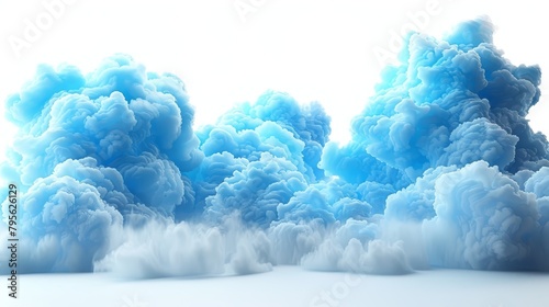  A group of blue-and-white smoky clouds against a pristine white backdrop, with gentle reflections of the rising smoke