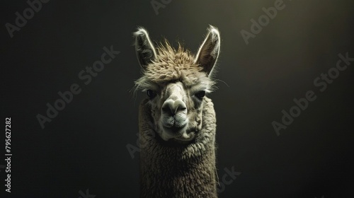close-up portrait of the alpaca against a dark background. Generative AI