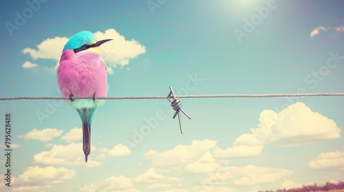  A pink and blue bird sits on a wire against a backdrop of a blue sky, adorned with clouds In the foreground, a barbed wire runs