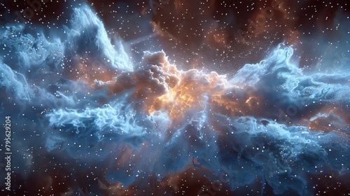  A computer-generated image shows a star forming at the heart of a gas and dust cloud within a star cluster