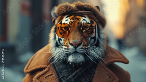 Majestic tiger prowls through city streets adorned in tailored sophistication, embodying street style. The realistic urban setting captures the feline grandeur fused with contemporary fashion allure i