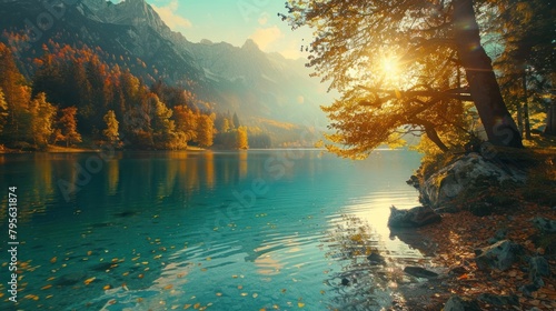 Beautiful autumn landscape of lake in front of mountains during sunset. AI generated image