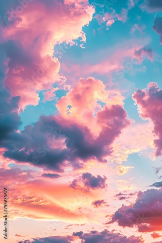 Majestic real sunrise or sundown sky background with gentle colorful clouds in a panoramic, large-scale format