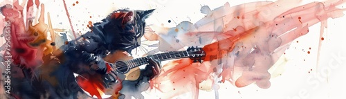 A cat strums a tiny guitar, each note painted in playful watercolor strokes, serenading the night, bright water color