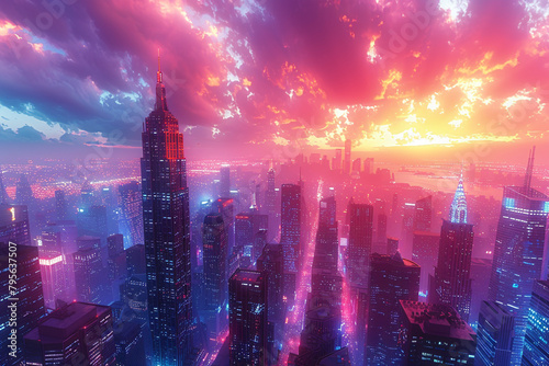 A digital cityscape rendered in neon hues, with skyscrapers reaching towards a digital sky ablaze with vibrant colors.