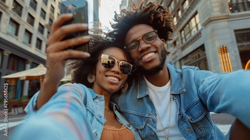 Joyful couple taking a selfie on busy city street. Urban adventure and love concept. Engaging self-portrait for design and print.