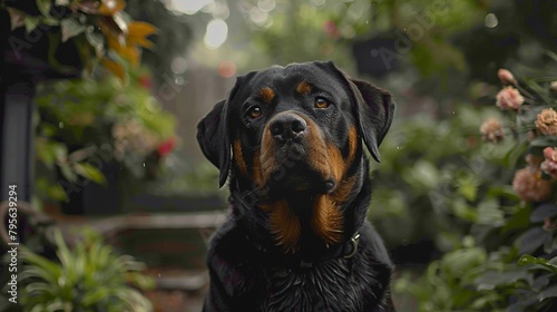 portrait of a rottweiler dog in a beautiful garden. Generative AI