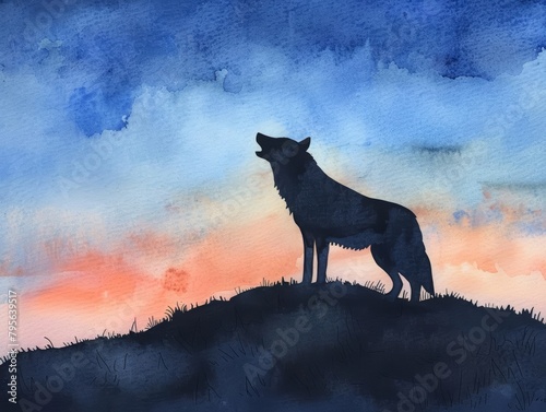 A lone wolf howls a haunting melody atop a hill, its silhouette a minimal watercolor against the twilight sky, bright water color
