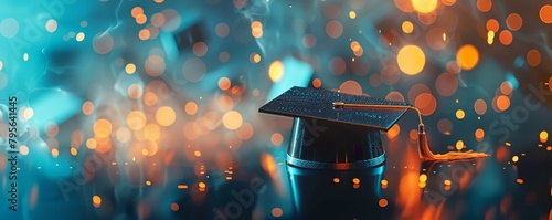 Graduation cap with golden tassel on blue and orange bokeh background. Elegant celebration and academic success concept.