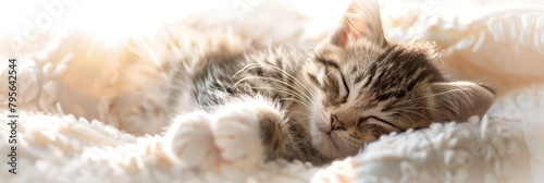 A sleepy kitten curls up in a sunbeam, its fur a soft watercolor wash of warmth and comfort, kawaii