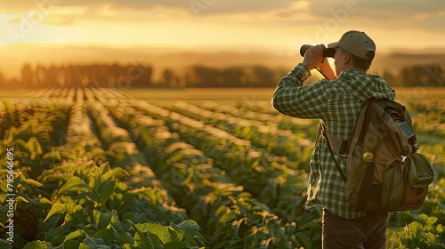 a hunter, equipped with binoculars and a map, scouting a vast glass agricultural field, where rows of crops extend into the distance, painting a scene of exploration and anticipation.