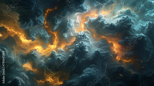 Abstract patterns of swirling clouds illuminated by bursts of digital lightning, casting fleeting shadows on the virtual landscape below.