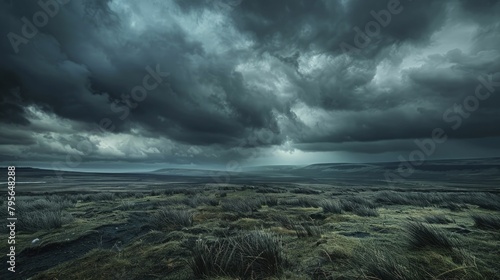 Dark, ominous clouds gathering over a desolate moor, photograph enhancing the atmosphere of impending doom, ideal for dark fantasy stories.