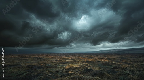 A desolate moor under dark, ominous clouds, captured in a photograph radiating an aura of impending doom, perfect for dark fantasies.