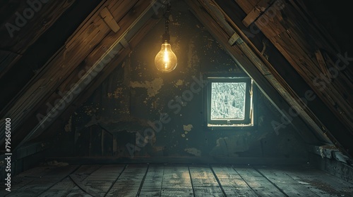 Gloomy attic room with a lightbulb flickering, photo capturing the claustrophobic and haunted atmosphere, suitable for thriller scenes.