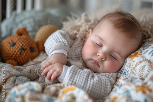 Peaceful infant in cozy clothes clasps a soft toy, depicting innocence and serene slumber