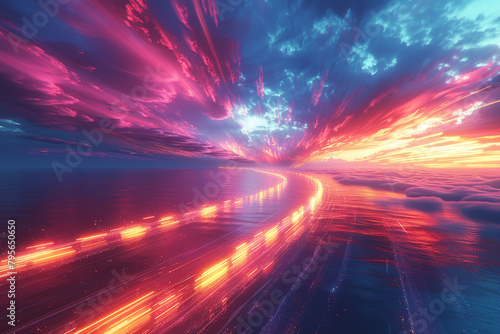 Dynamic streaks of light streaking across a virtual skyline, painting the horizon with vibrant hues of neon and pastel.