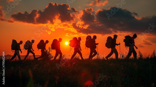2. Fleeing Home: Silhouettes of refugees trek across rugged terrain, their figures illuminated by the harsh glow of a setting sun, as they flee violence and persecution in search o