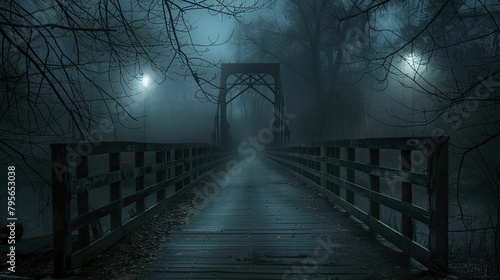 Photograph of a mysterious fog-covered bridge at night, evoking a journey into the unknown, ideal for suspense and horror genres.