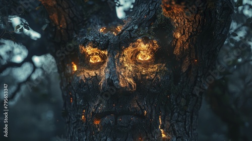 Spooky tree with faces visible in the bark, shot in twilight to enhance the fantasy horror element, perfect for dark fairy tales.