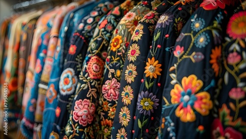 Closeup of embroidered Ukrainian traditional shirts at outdoor Lviv flea market. Concept Embroidered Shirts, Ukrainian Traditional, Lviv Flea Market, Outdoor Photoshoot