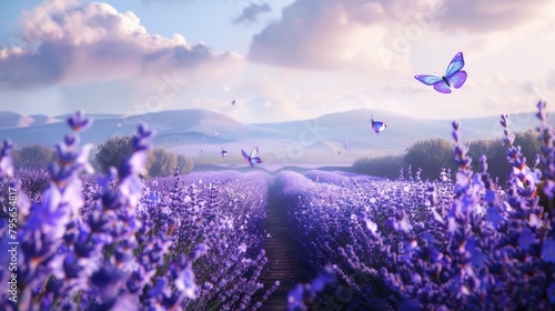 blooming lavender flowers and fluttering butterflies, capturing the serene beauty of nature in full bloom.