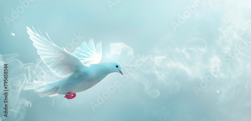 A gentle abstract background with a white dove in flight and copy space on the right