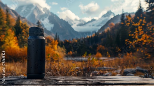Black insulated bottle on wooden surface with autumnal forest and mountains in the background.