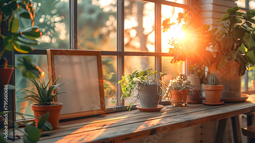 Plants in pots on the windowsill at sunset. Gardening concept