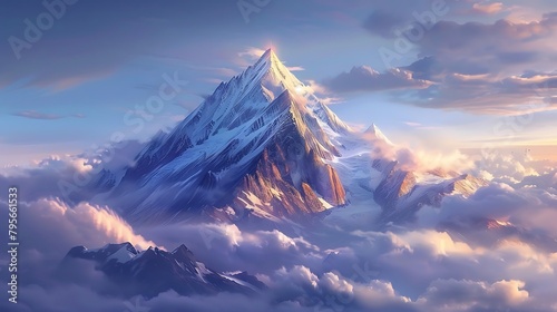 A majestic mountain peak piercing through clouds.
