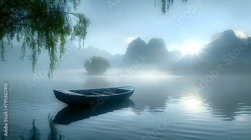 A minimalist depiction of a small boat on a calm river